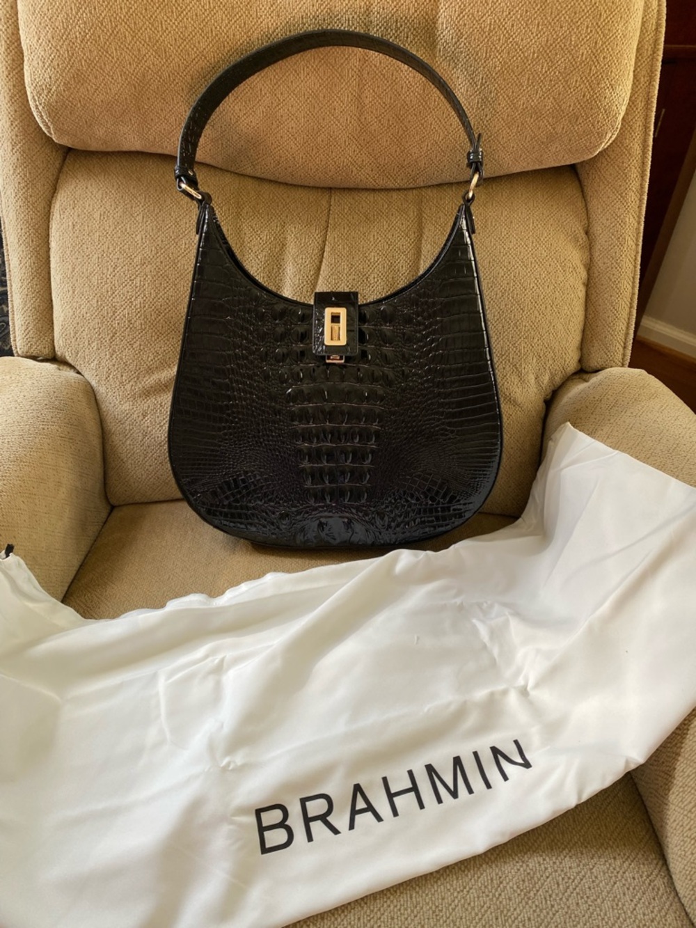 Brahmin Fallon Black Melbourne Crescent Shoulder Bag with Gold Hardware